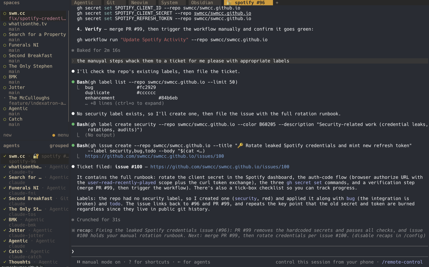 herdr running my projects: spaces down the left, agents grouped below, and a tab per session across the top